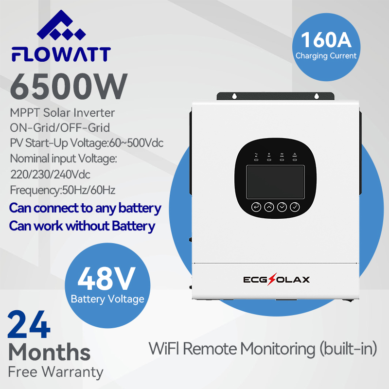 Flowatt 6.5KW On-grid/Off-grid Hybrid Solar Inverter 48VDC 230VAC Pure Sine Wave Hybrid Inverter Built in 160A MPPT Solar Controller Support Lifepo4 Battery Can Work Without Battery ราคา 9,900 บาท*ส่งฟรี