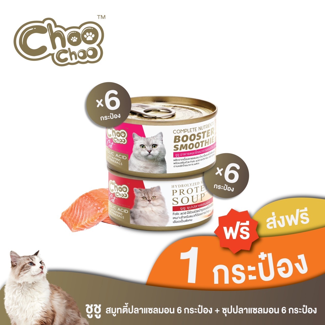 [ส่งฟรี+แถมฟรี 1 กป] ชูชู สมูทตี้ปลาแซลมอน 6กระป๋อง + ซุปปลาแซลมอน 6กระป๋อง สูตรบำรุงเลือด ราคา 458 บาท*ส่งฟรี