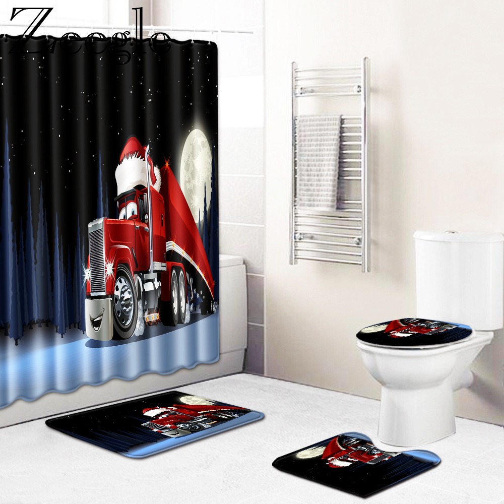 4pcs Christmas Home Decor Bath Mat Shower Curtain Bathroom Mat Bath Floor Carpet Rug Anti-slip Shower Room Bathroom Carpet