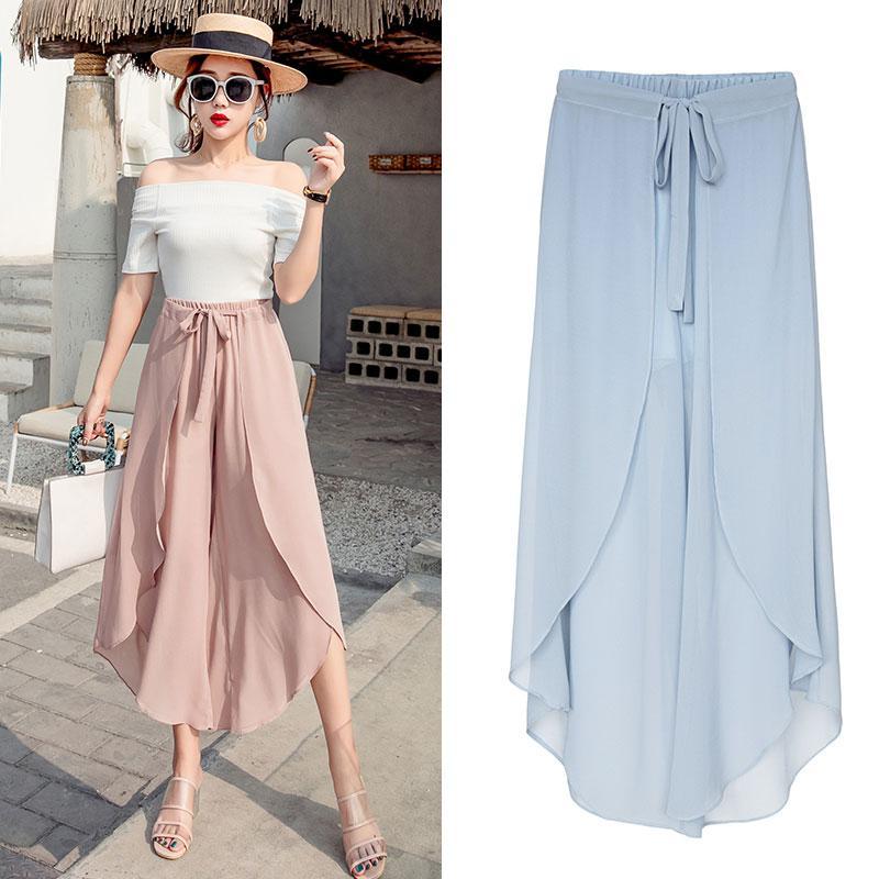 Womens Retro Chiffon Pants with Slit Boho High Waist Cropped Wide Leg Pants Loose Culottes