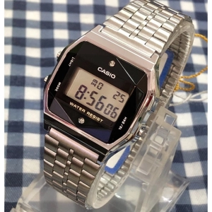 สินค้า นาฬิกา Casio  รุ่น A159WAD-1 นาฬิกาดิจิตอลสีเงิน  ตกแต่งด้วยเพชรแท้ -ของแท้ 100% รับประกันสินค้า 1 ปีเต็ม