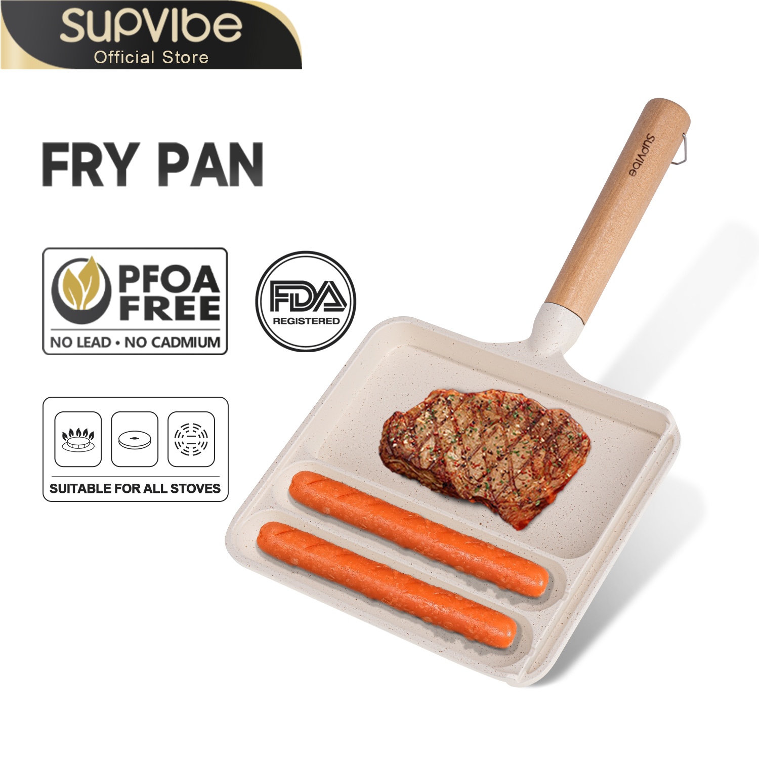 SUPVIBE กระทะเคลือบ อเนกประสงค์ ไม่ติดกระทะ วัสดุหินทางการแพทย์ ด้ามจับเบกาไลต์ ทอดแฮม ไส้กรอก กระทะทอดไข่ สเต็ก ราคา 259 บาท*ส่งฟรี