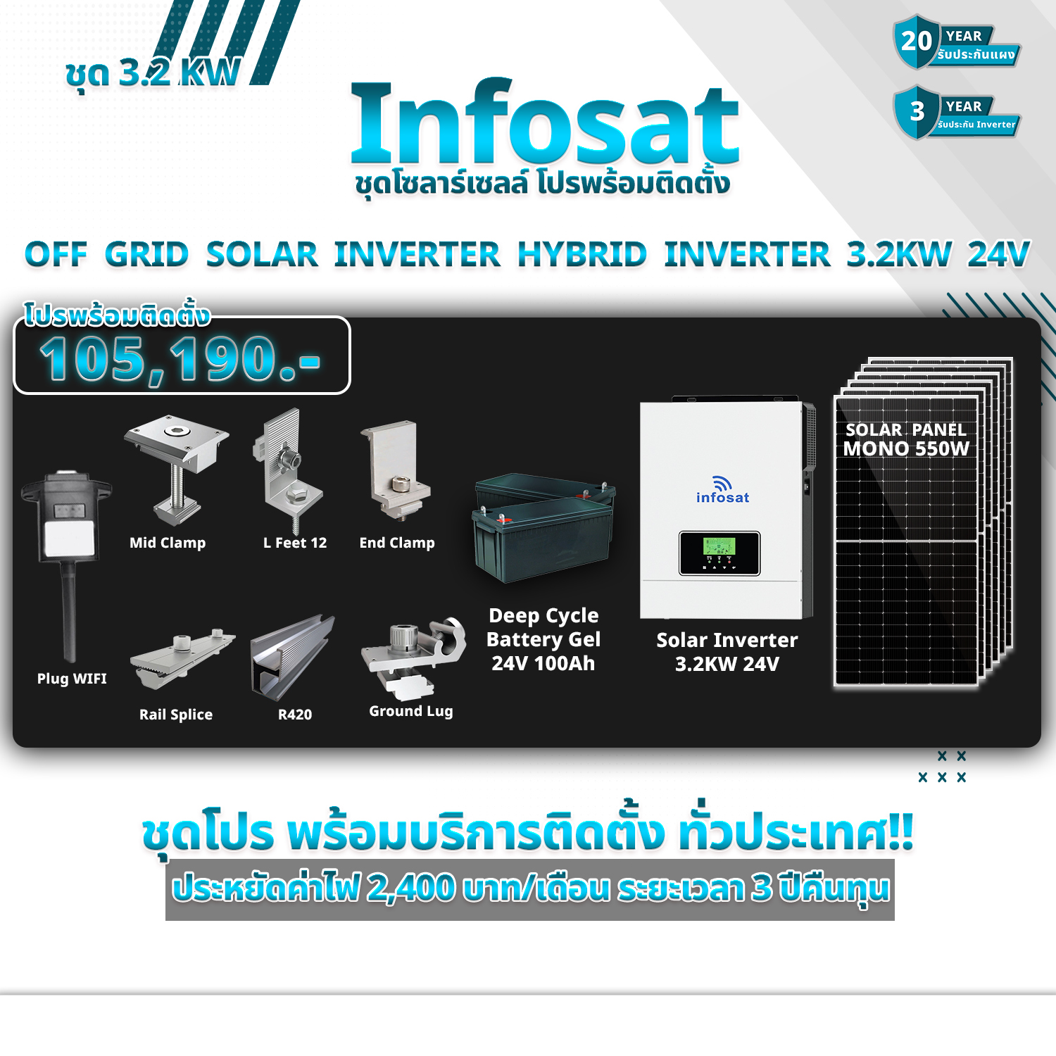 อุปกรณ์แต่งสวนและกลางแจ้ง infosat OFF Grid Solar HYBRID 3.2KW พร้อมวงจรลึกของแบตเตอรี่ 24V 100AH