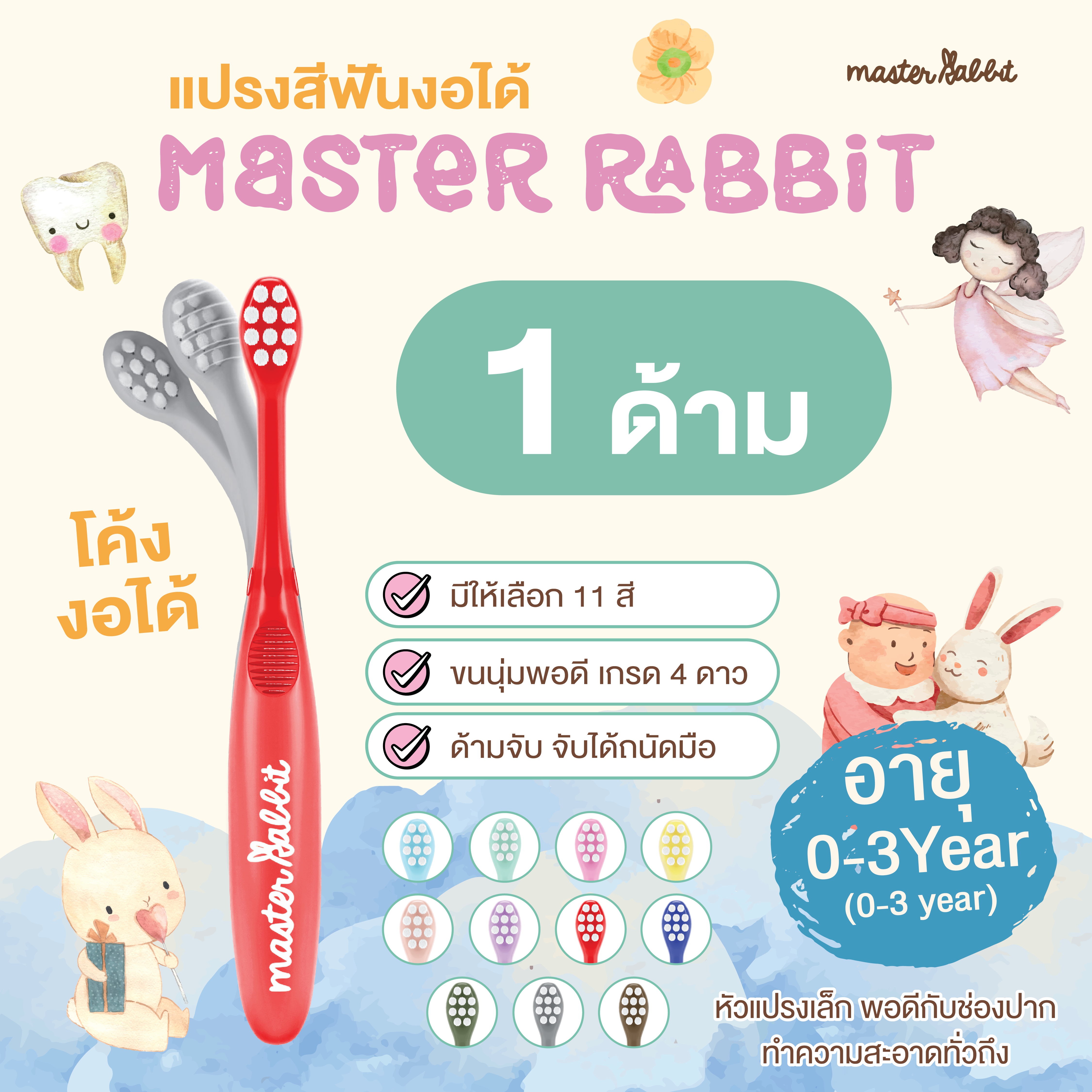 แปรงสีฟันเด็ก แบบคออ่อน งอได้ตามสรีระช่องปากเด็ก ขนแปรงนุ่ม Master Rabbit Toothbrush สำหรับเด็กตั้งแต่ 0-3ปี และ 3-6ปี