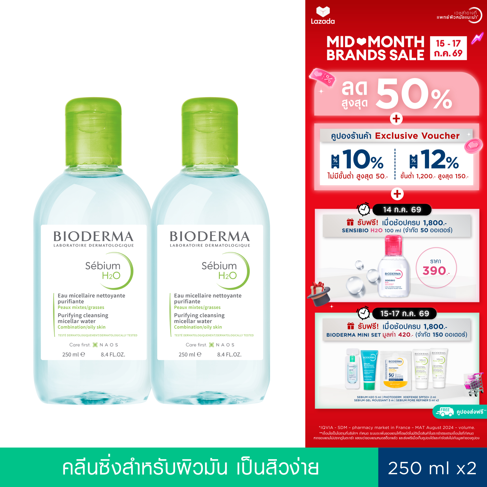 Bioderma Sebium H2O 250 ml X2 (Twin Pack) Cleansing Facial Wipes for Oily, Allergic, and Acne-Prone Skin. ราคา 1,513 บาท*ส่งฟรี