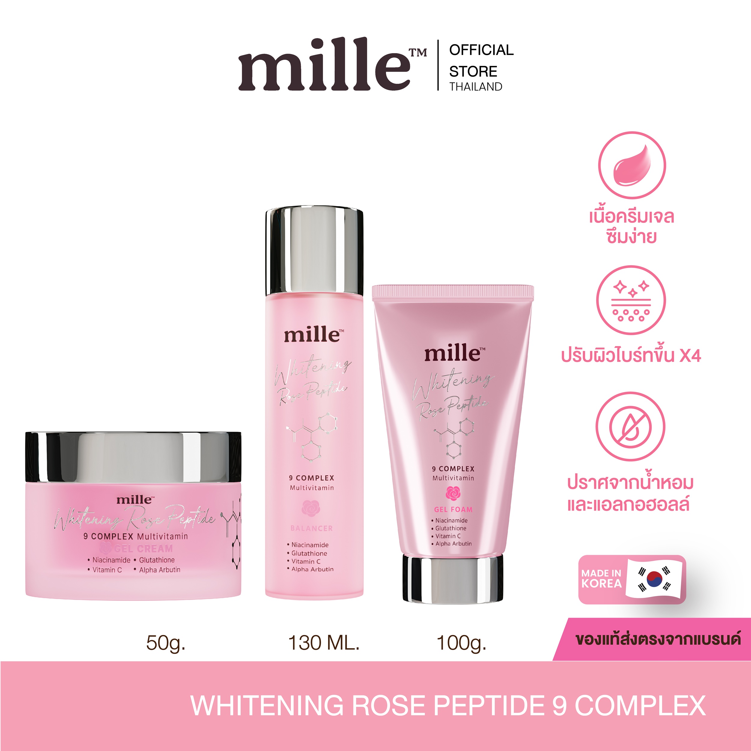 MILLE WHITENING ROSE PEPTIDE SET (BALANCER 130ML, GEL CREAM 50G, FOAM 100G) ราคา 1,599 บาท*ส่งฟรี