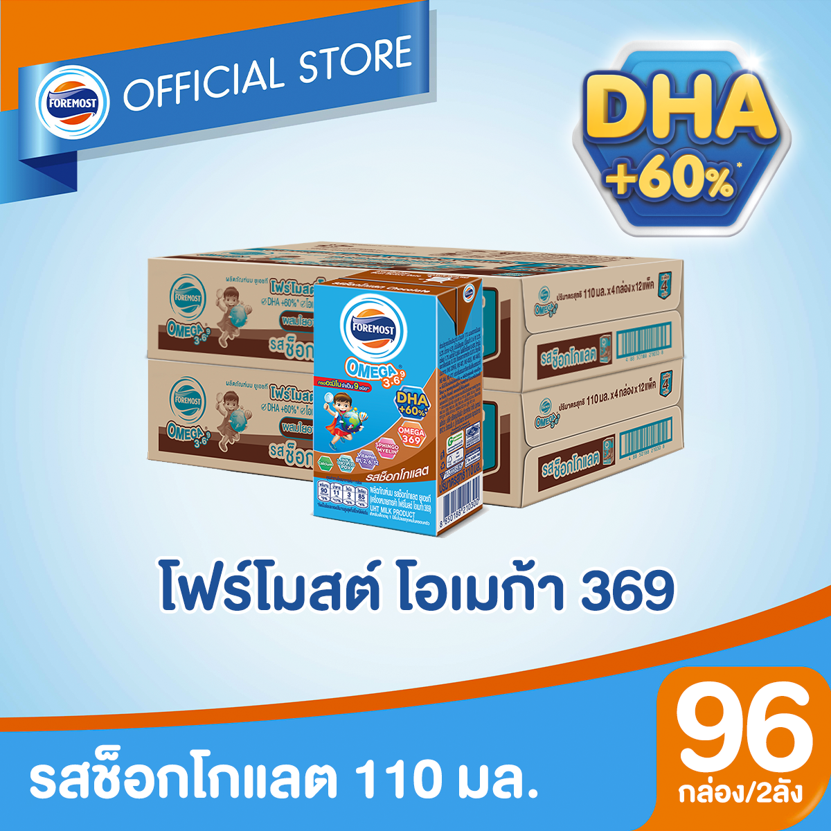 [ขายยกลังx2] โฟร์โมสต์ โอเมก้า 369 รสช็อคโกแลต 110มล (48กล่อง/ลัง) Foremost Omega 369 Chocolate 110ml (นมกล่องUHT) ราคา 652 บาท*ส่งฟรี