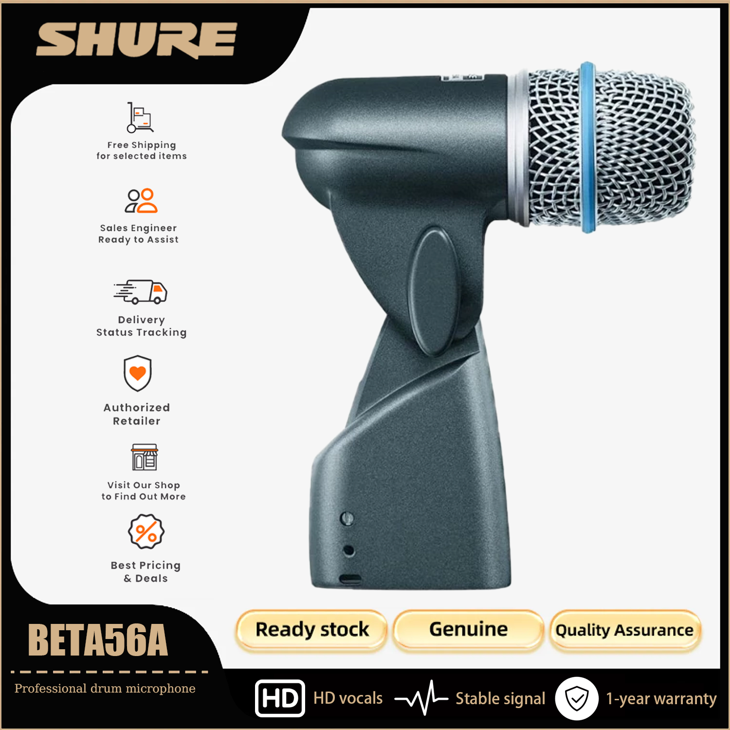 Shure Beta56A Kick Drum Microphone, Dynamic Microphone Beta 56A Drum Microphone Instrument Kick Drum Bass Mic