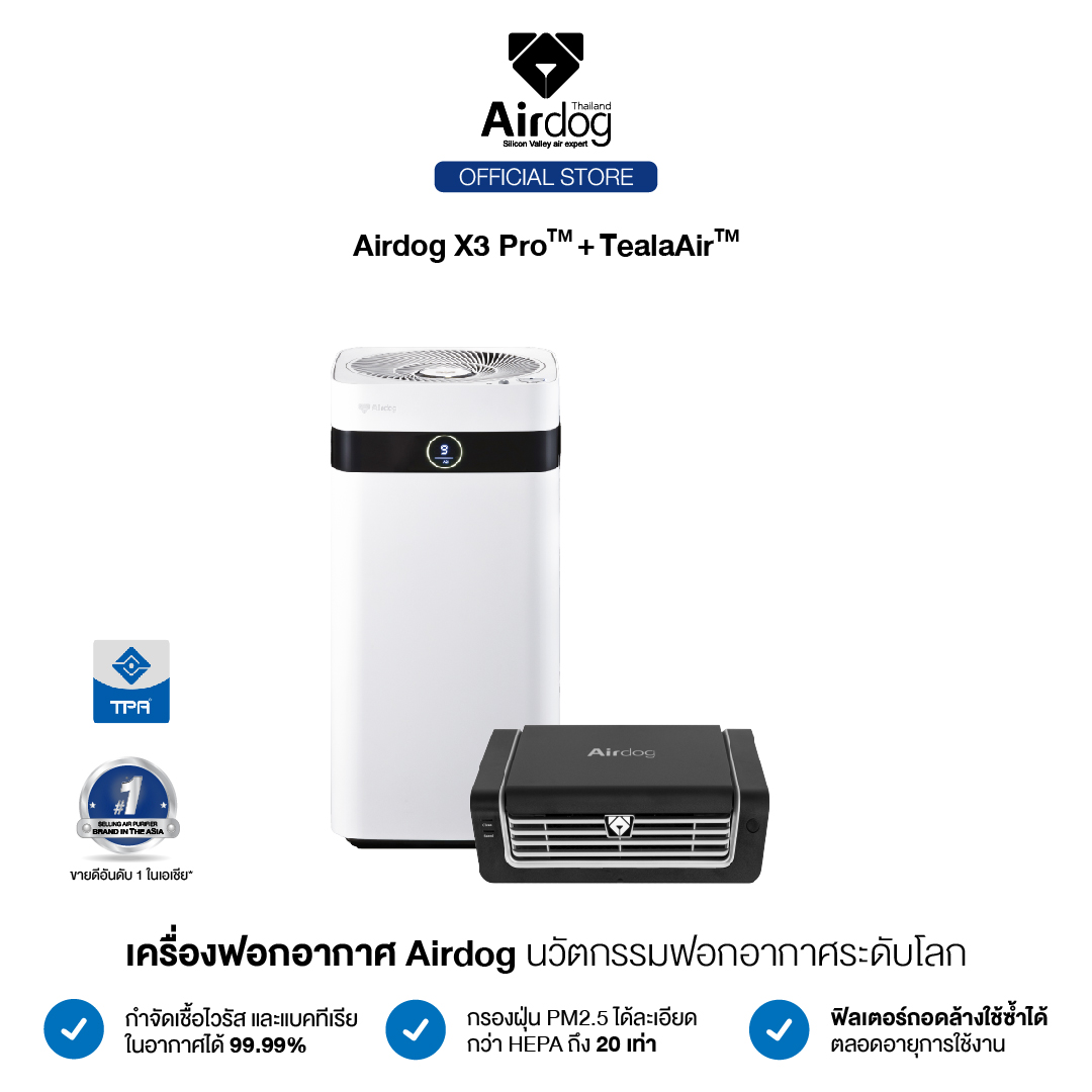 [ซื้อคู่ถูกกว่า]Airdog Air Purifier เครื่องฟอกอากาศ รุ่น Airdog X3Pro + เครื่องฟอกอากาศในรถยนต์ TeslaAir (จำนวน 2 เครื่อง) ราคา 27,030 บาท*ส่งฟรี