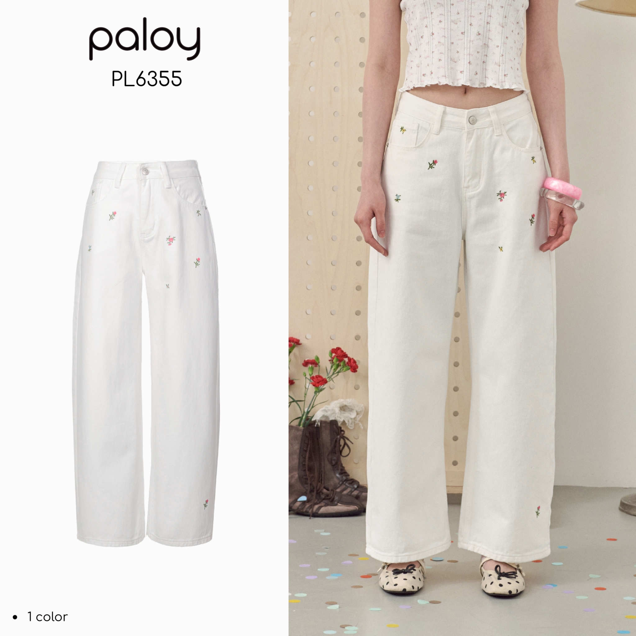 Paloy - Pl6355 Long Jeans with Floral Embroidery Details, Paloy. ราคา 990 บาท*ส่งฟรี