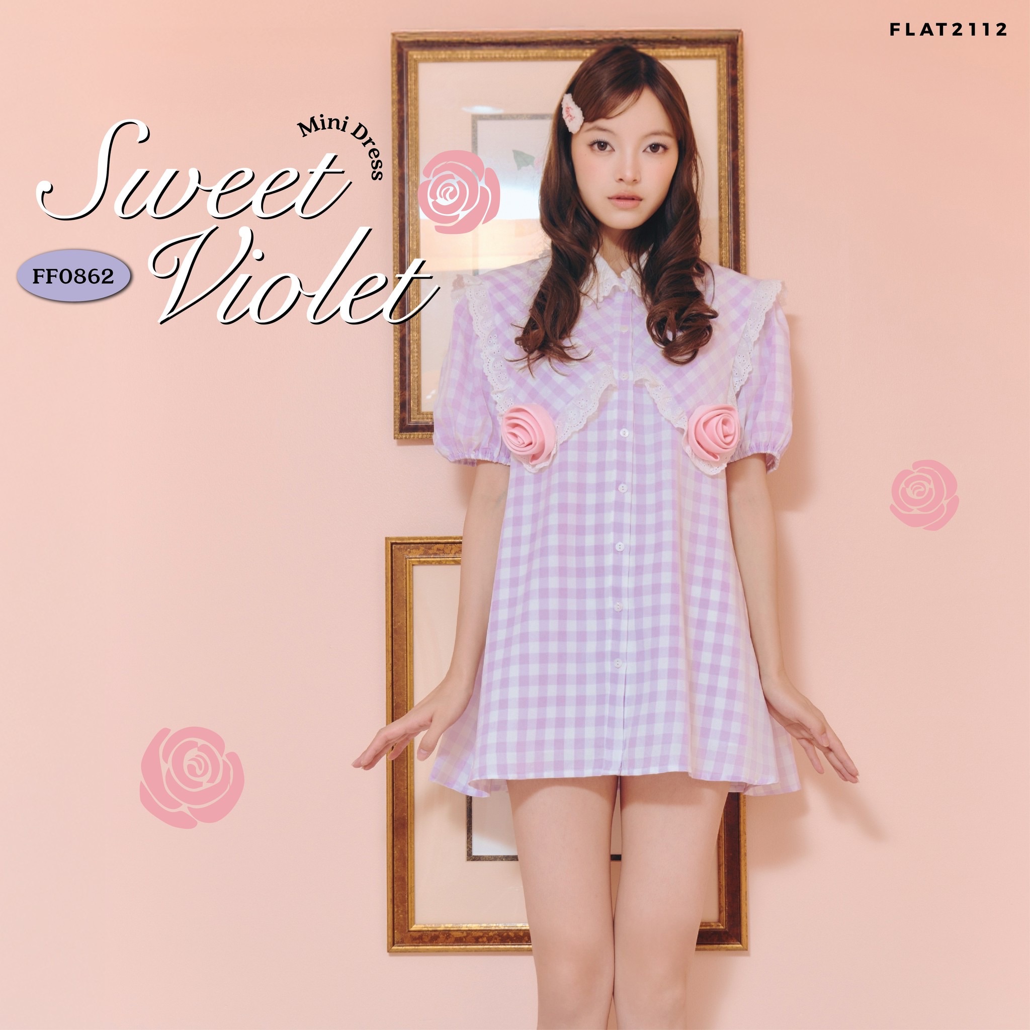 FLAT2112 FF0862 : SWEET VIOLET MINI DRESS เดรสสั้น เดรสลายสก็อต เดรสแต่งดอกไม้ แฟชั่นผู้หญิง ชุดออกงาน ราคา 1,731 บาท*ส่งฟรี