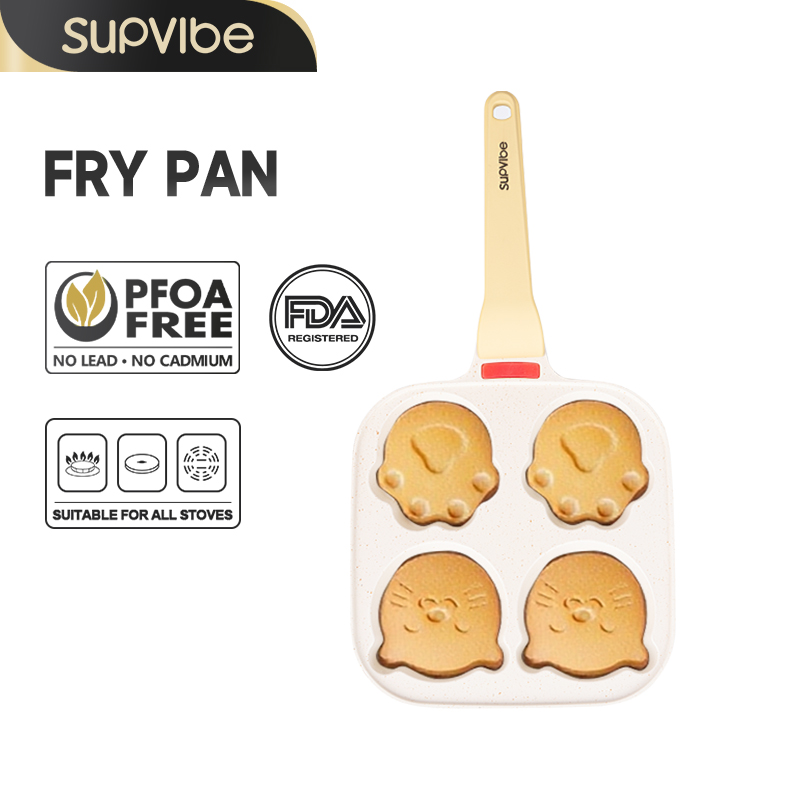 SUPVIBE กระทะไม่ติด 4 หลุม อุ้งมือแมว หัวแมว หม้อเคลือบหินแพทย์ ทอดไส้เบอร์เกอร์ให้มี เบอร์เกอร์ไข่ ทอดมัฟฟิน ราคา 259 บาท*ส่งฟรี