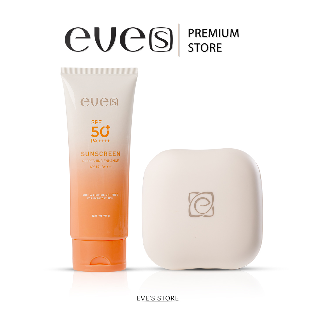 Eves Is a Set of Skin Protection Products: Sunscreen Lotion + Waterproof Powder Puff. Sun Protection Waterproof, Sweatproof Premium Fragrance ราคา 900 บาท*ส่งฟรี