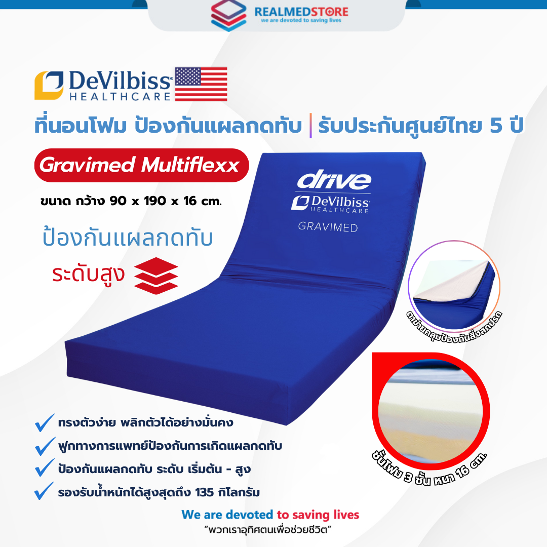 ผลิตภัณฑ์เพื่อสุขภาพ Drive Medical ศูนย์ไทย 5 ปี รับประกัน 5 ปี ที่นอนโฟม Gravimed multiflexx 3 ชั้น (ปกป้องระดับสูง) สำหรับผู้ป่วยสูงอายุ ราคา 23,900 บาท*ส่งฟรี