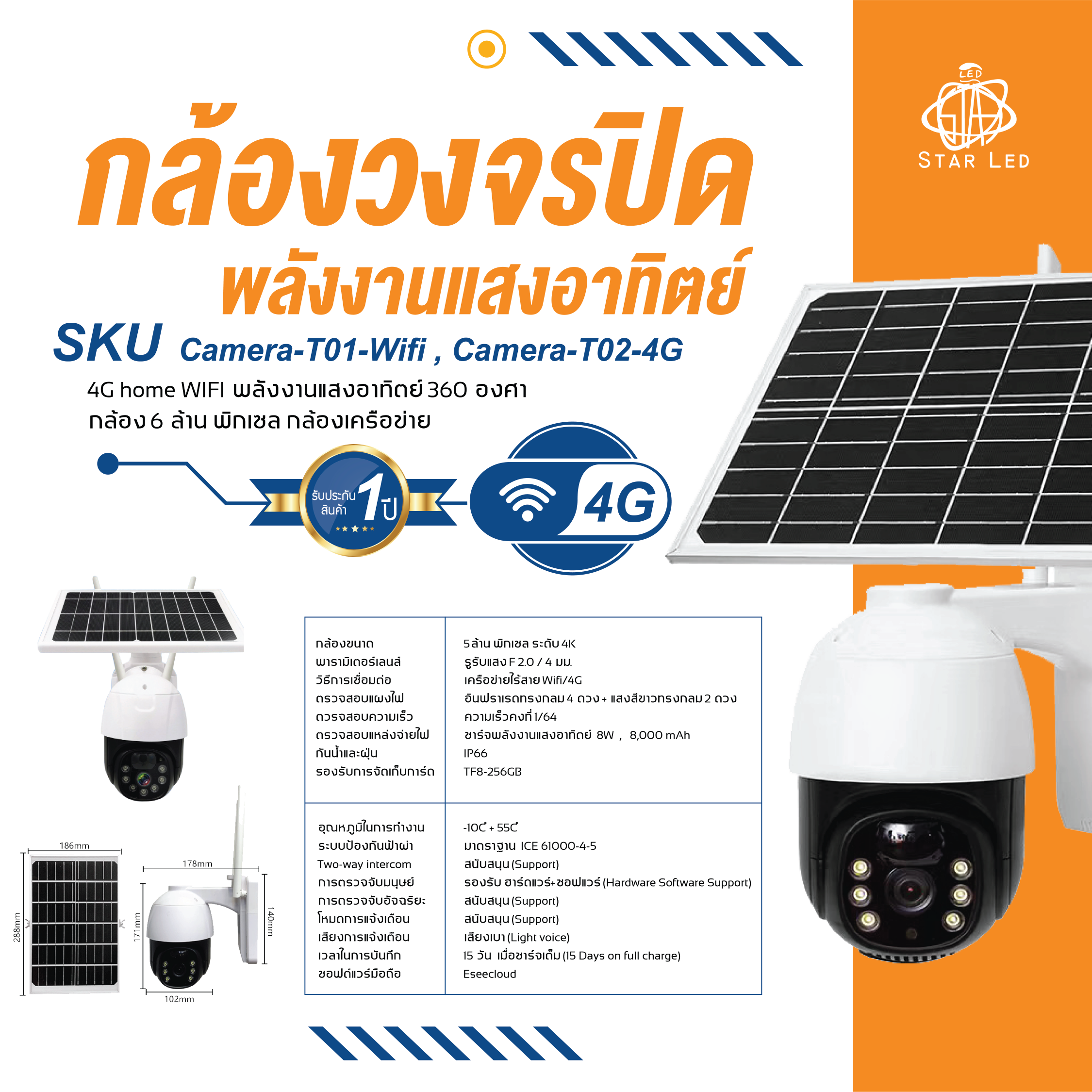กล้องวงจรปิด พลังงานแสงอาทิตย์ Camera-T01-Wifi,Camera-T02-4G home WIFI กล้อง 6 ล้าน พิกเซล รับประกันสินค้า 1 ปี ราคา 1,050 บาท*ส่งฟรี