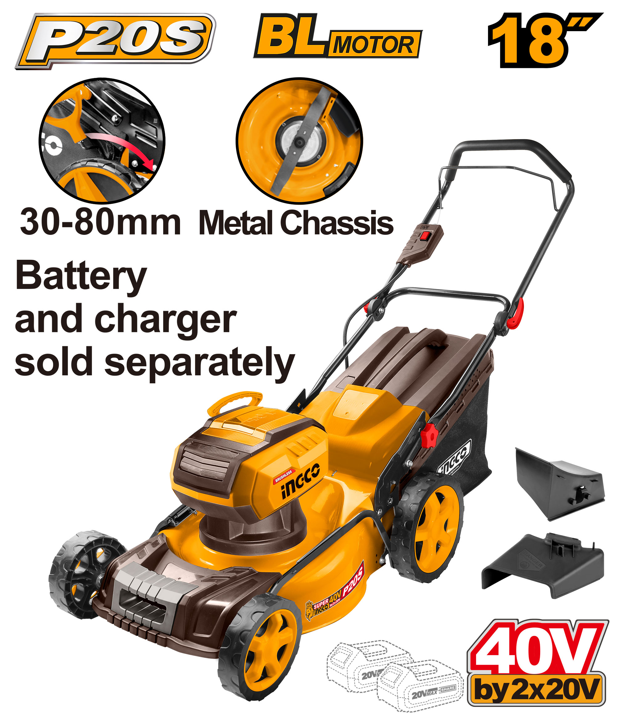 Ingco Ingco Cordless Lawn Mower 40V Bl Motor Size 20 Inches (40V by 2X20V) Model Lmli4020 Empty Machine Complete Set with Battery ราคา 12,990 บาท*ส่งฟรี