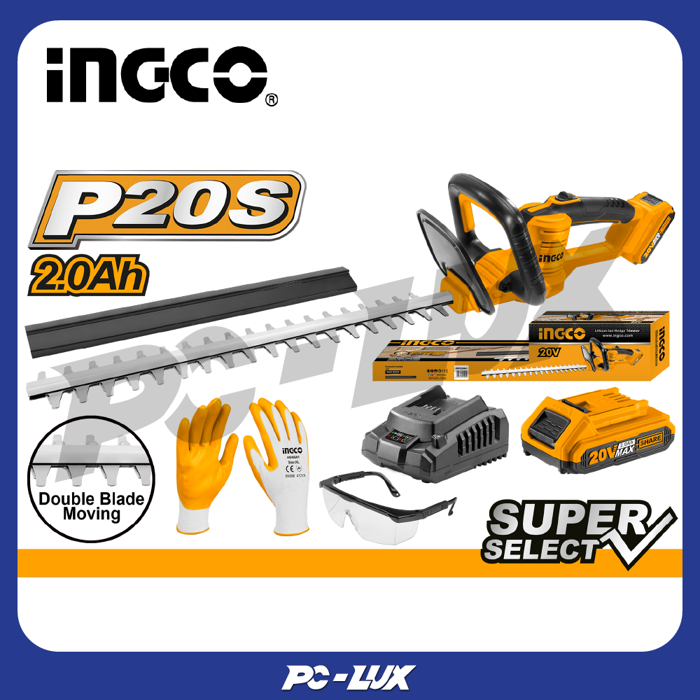 INGCO ชุดเครื่องแต่งพุ่มไม้ไร้สาย20V รวมแบตและที่ชาร์จ CHTLI20461 ราคา 3,274 บาท*ส่งฟรี