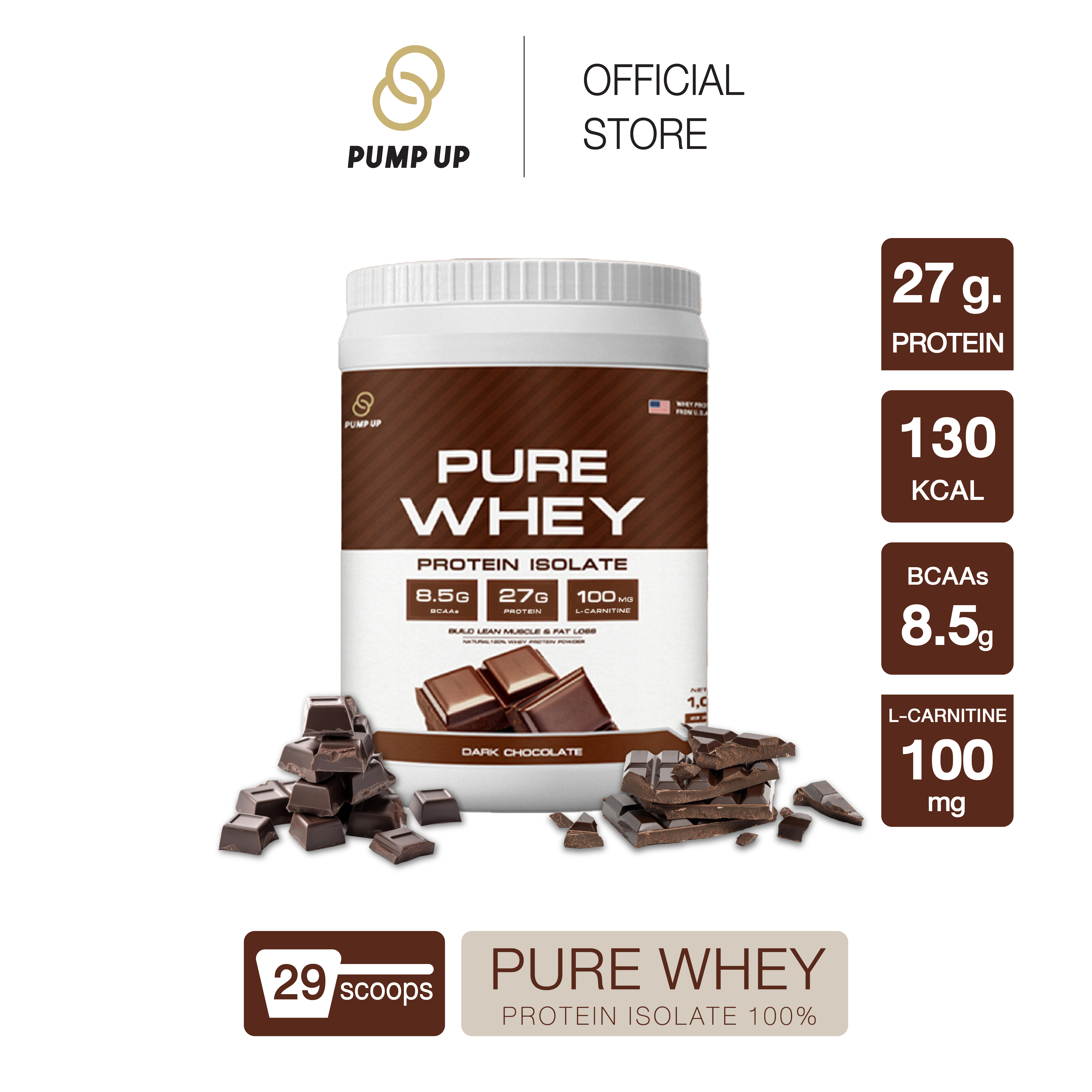 Protein Whey Protein Isolate 100 % PUMP UP Build Muscle Lose Fat Dark Chocolate Flavor ราคา 1,690 บาท*ส่งฟรี