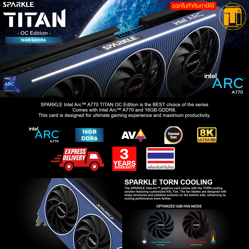 VGA ARC 770 OC Sparkle Titan 16GB GDDR6 DisplayPort x3 HDMI x1 Warranty Product ราคา 14,790 บาท*ส่งฟรี