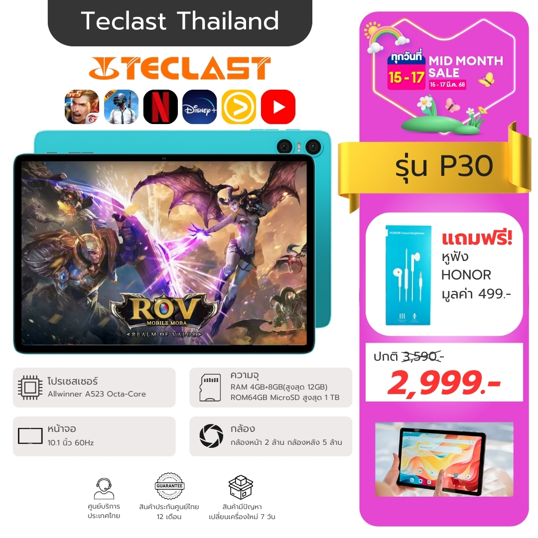 TECLAST P30 แท็บเล็ต 10.1นิ้ว |Android 14| RAM 12GB(4+8) + ROM128GB, รองรับTF 1TB|ชิป T606|จอ IPS 12 ราคา 199 บาท*ส่งฟรี