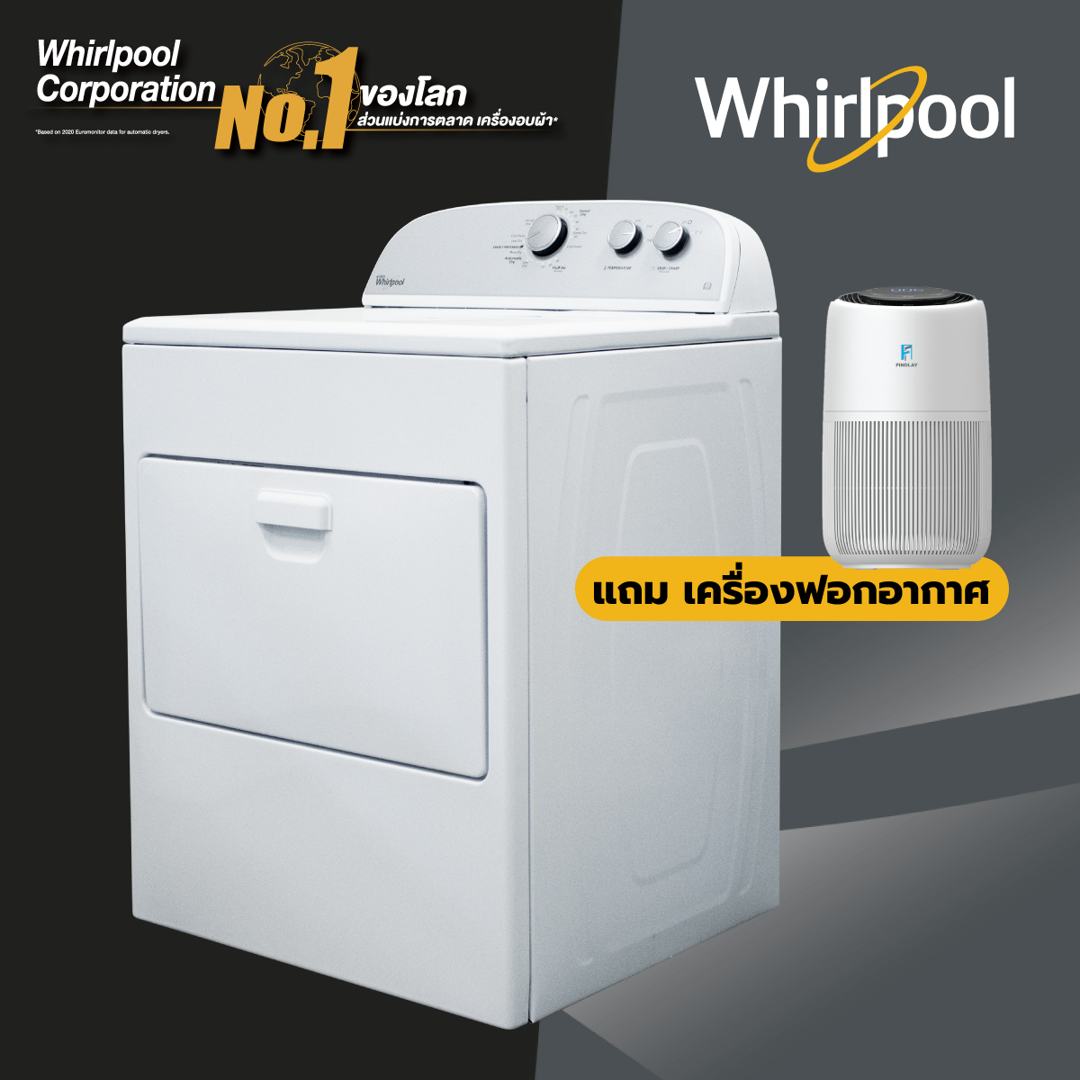 เครื่องอบผ้า (15 กก.) Whirlpool USA รุ่น 3LWED4815FW โปรแกรม Very Dry อบแห้ง ผ้านวม King Size ฟรีขาตั้ง รับประกัน 5 ปี ราคา 39,900 บาท*ส่งฟรี