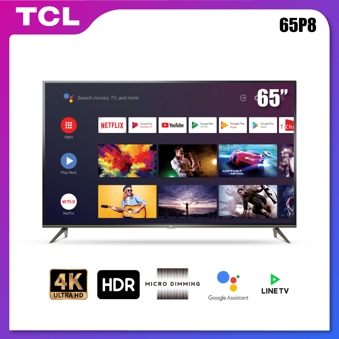 TCL ทีวี 65 นิ้ว LED 4K UHD Android 9.0 Wifi Smart TV (รุ่น 65P8)-2G RAM+16GROM-Free Voice Search remote