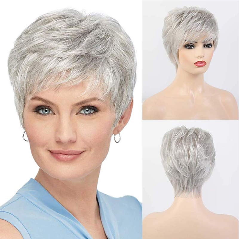 M65ptxzkaac HAIRJOY สีเทาสำหรับผู้หญิงผิวขาว ผสมสีเทาเงิน ผมหยิกพร้อมหน้าม้า วิกผมสั้นสังเคราะห์สำหรับคุณย่า วิกผม & ต่อผม & แผ่นเสริมผม