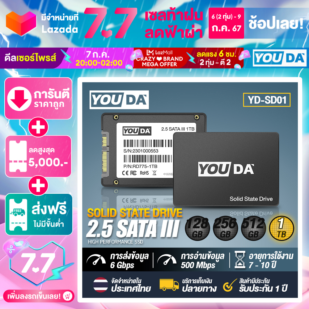 YOUDA เอสเอสดี SATA3 2.5นิ้ว YD-SD01 มี 128GB / 256GB / 512GB / 1TB ให้เลือก SSD SATA III 2.5” อุปกรณ์เสริมคอมพิวเตอร์ SATA3 2.5" สำหรับโน๊ตบุ๊ค และ คอมพิวเตอร์ตั้งโต๊ะ ราคา 468 บาท*ส่งฟรี