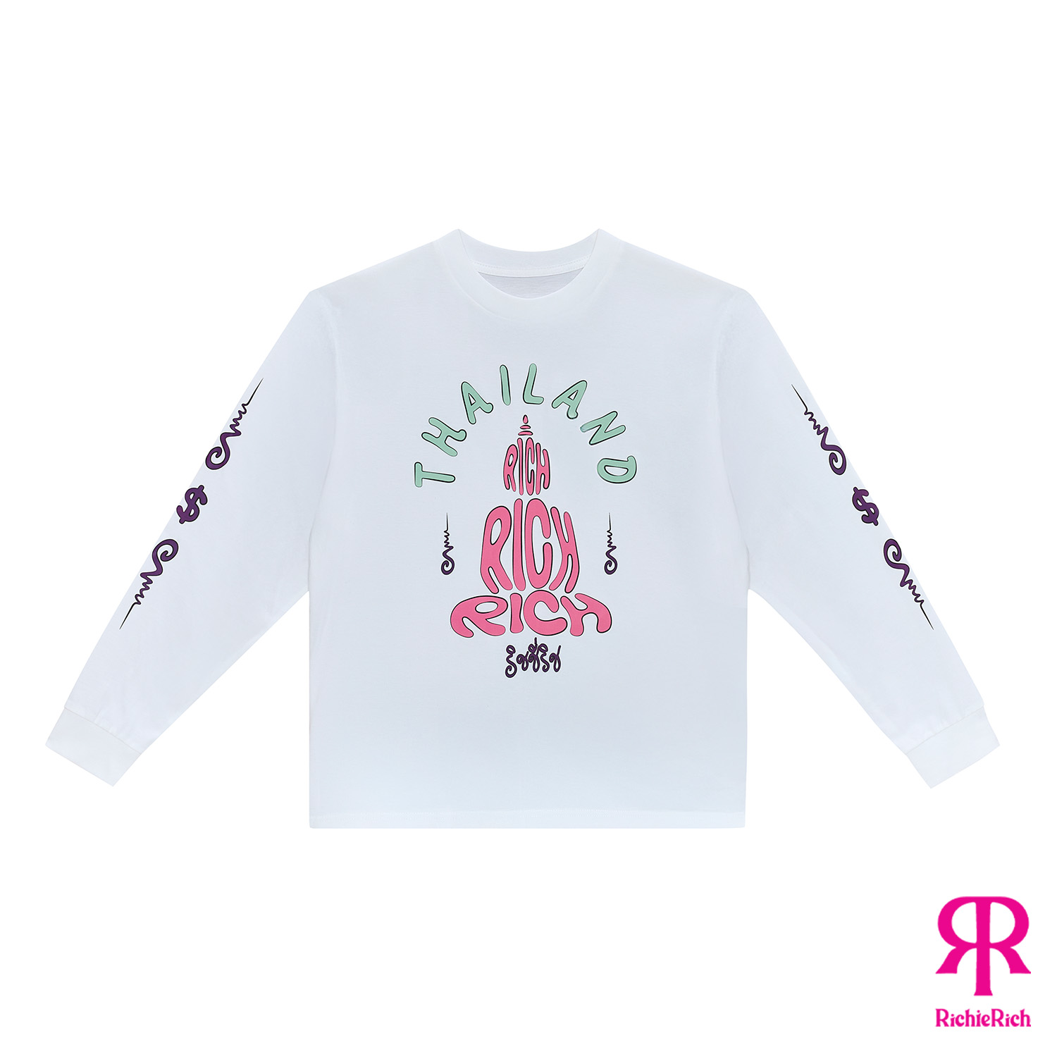 RICHIERICH By TandT - THAILAND RICH - THAILAND RICH PRINTED LONG SLEEVES T-SHIRT เสื้อยืดแขนยาวคอกลม สกรีนลายคำอ่านริชชี่ริชรูปพระพุทธรูปและยันต์ ที่อกและแขน ราคา 3,190 บาท*ส่งฟรี