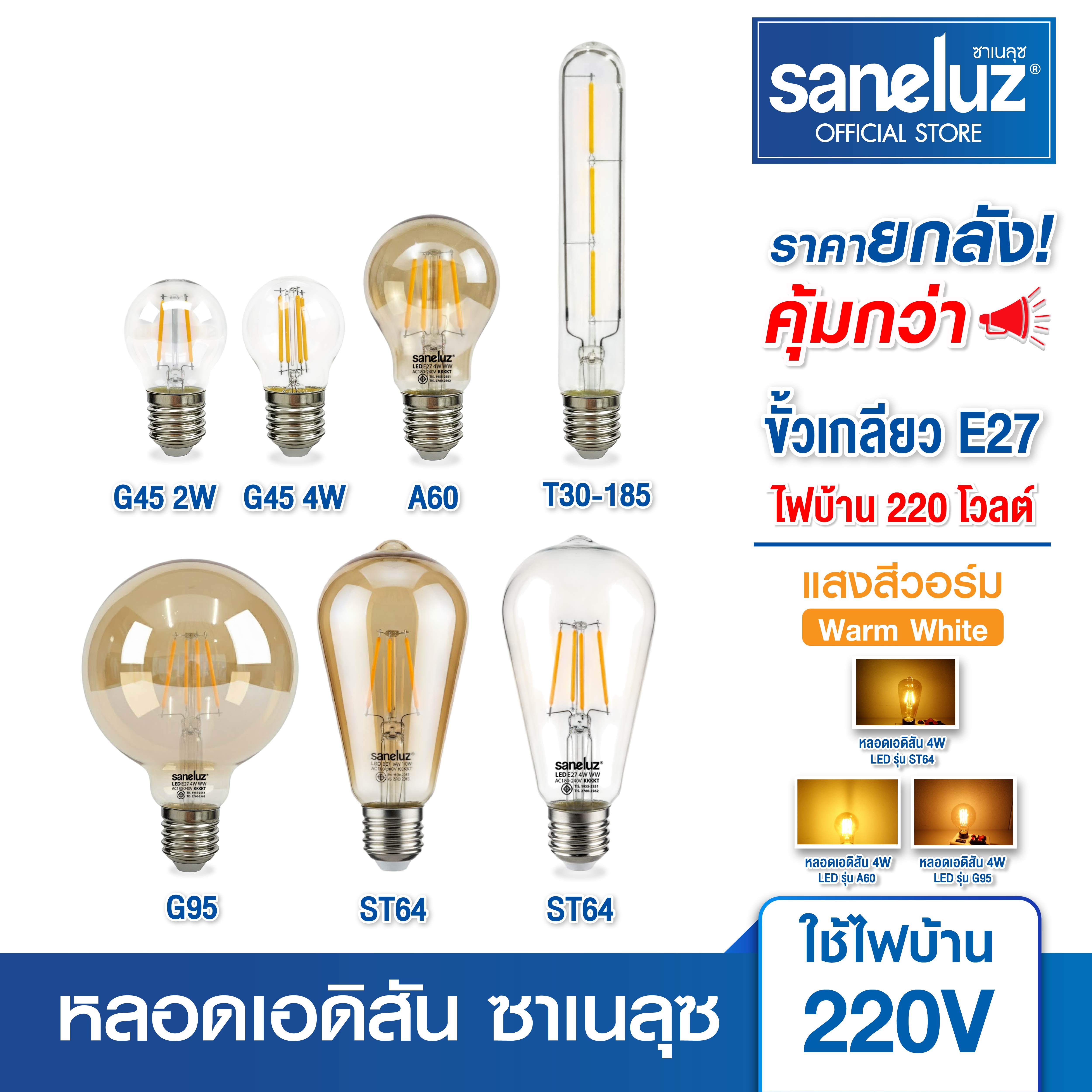 Saneluz Whole Box Edison Light Bulbs, Model St64 A60 G45 G95 T30-185, E27 Socket, Uses Ac 220V Household Electricity, Decorative Lighting, Vintage Style, Warm Tone, Vintage Light Bulbs. ราคา 1,700 บาท*ส่งฟรี