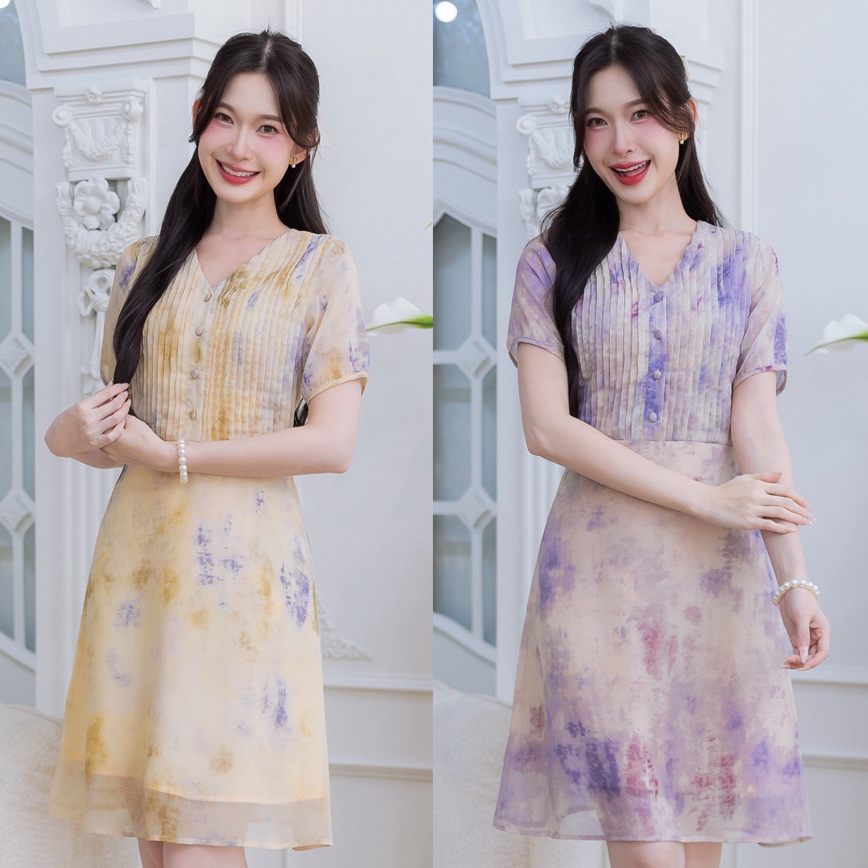 Vintage Color Tone Dress It Has a Gentle Gradient Pattern, Similar to Watercoloring. the Pattern Is Spread Throughout the Entire Garment, Making the Dress Look Flowy and Three-Dimensional. Beautiful and Unique. It Has a Sheer, Rippled Chiffon Texture. It ราคา 650 บาท*ส่งฟรี