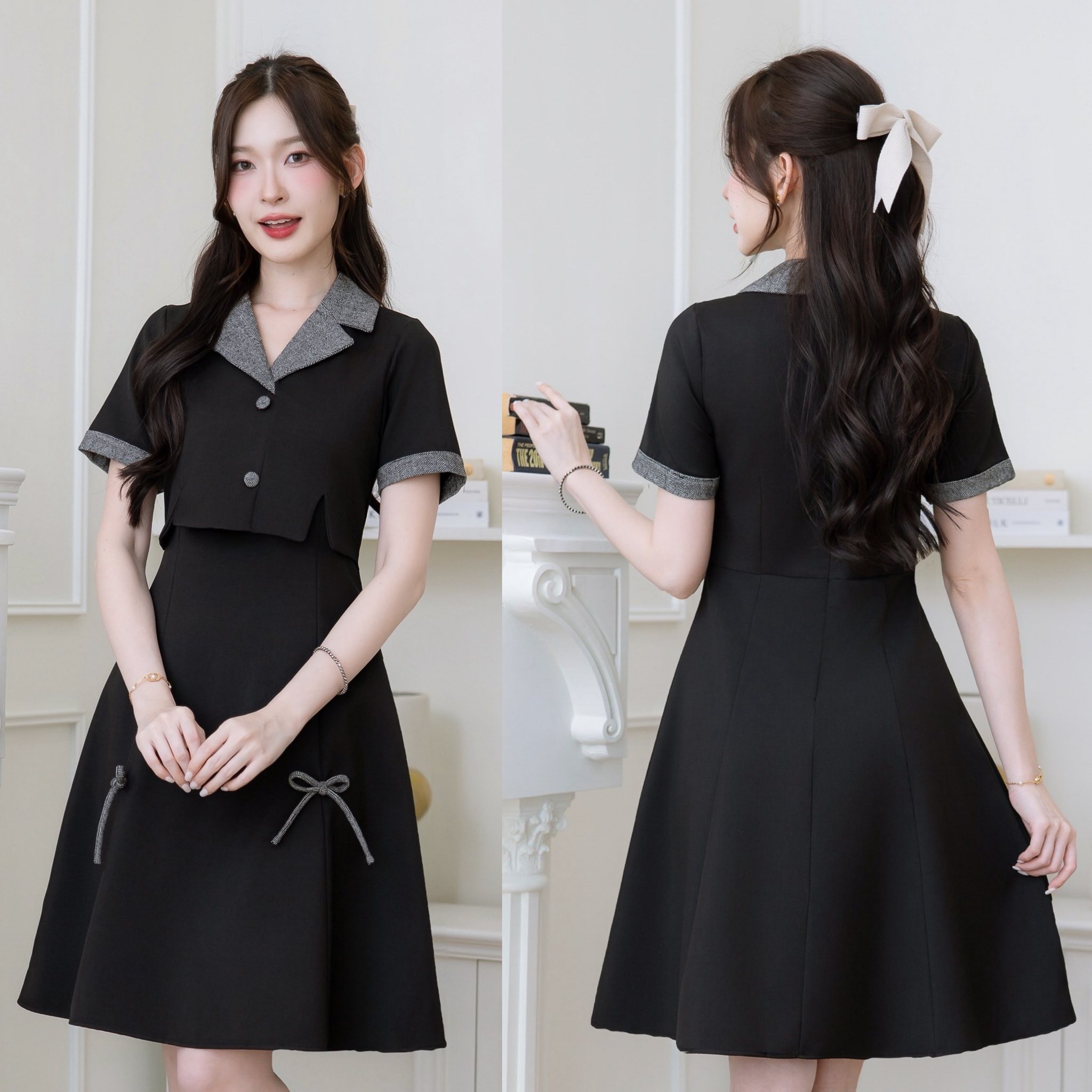 Collared Dress, Beautiful and Elegant. the Collar, Buttons, and Bow Are Made from Wool, Adding a Touch of Elegance and Sophistication. the Sewing Work Is Beautiful and Neat. the Shape Is Beautiful and Flatters Your Figure at the Waist. This Outfit Is High ราคา 720 บาท*ส่งฟรี