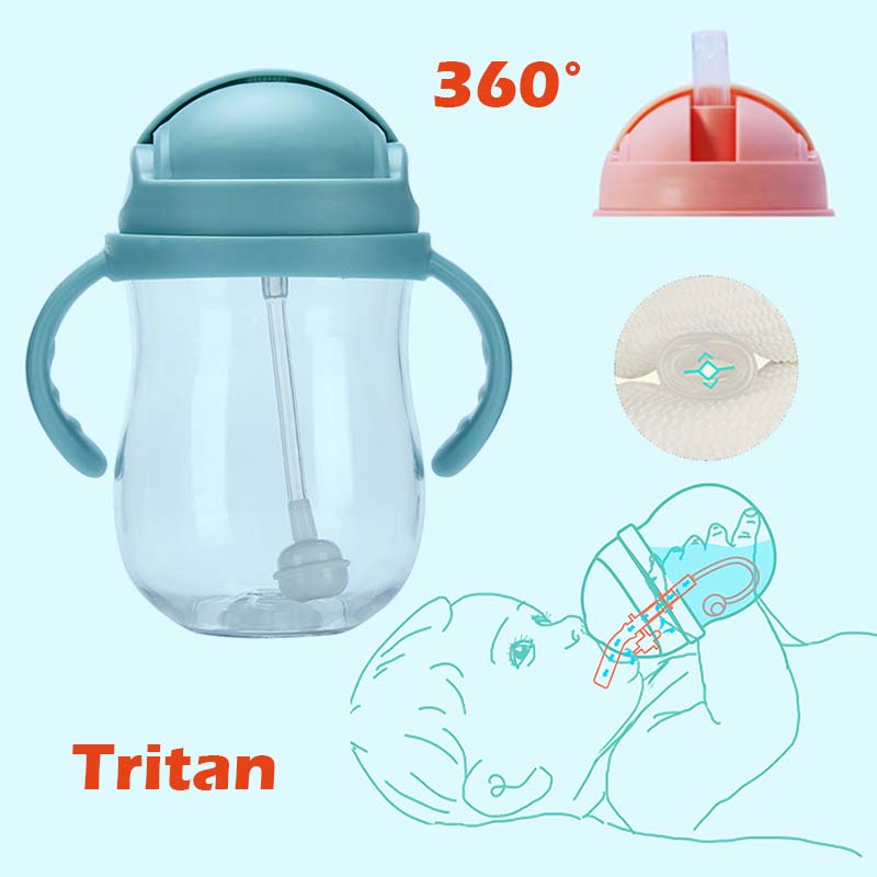 แก้วหัดดื่ม ถ้วยหัดดื่ม ฝาหลอดเด้ง แก้วน้ำเด็กทารก กันสำลัก ขนาด 300 ml. (นอนดูดได้) Tritan Material