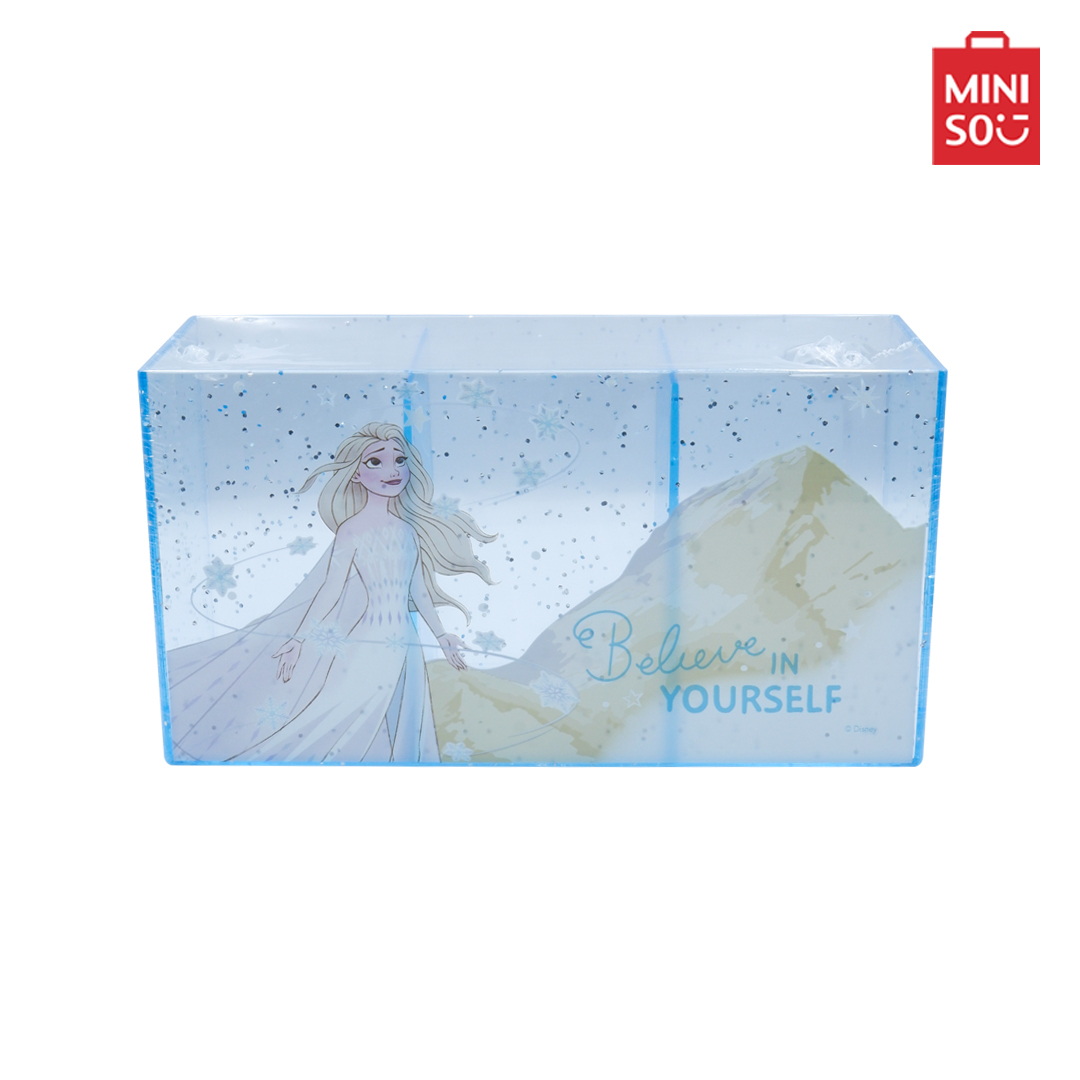 Miniso กล่องใสเก็บของสลับกริ๊ตเตอร์ ทรงสี่เหลี่ยมใส่ของ 3 ช่อง คอลเลคชั่น Disney Frozen 2.0 ราคา 90 บาท*ส่งฟรี