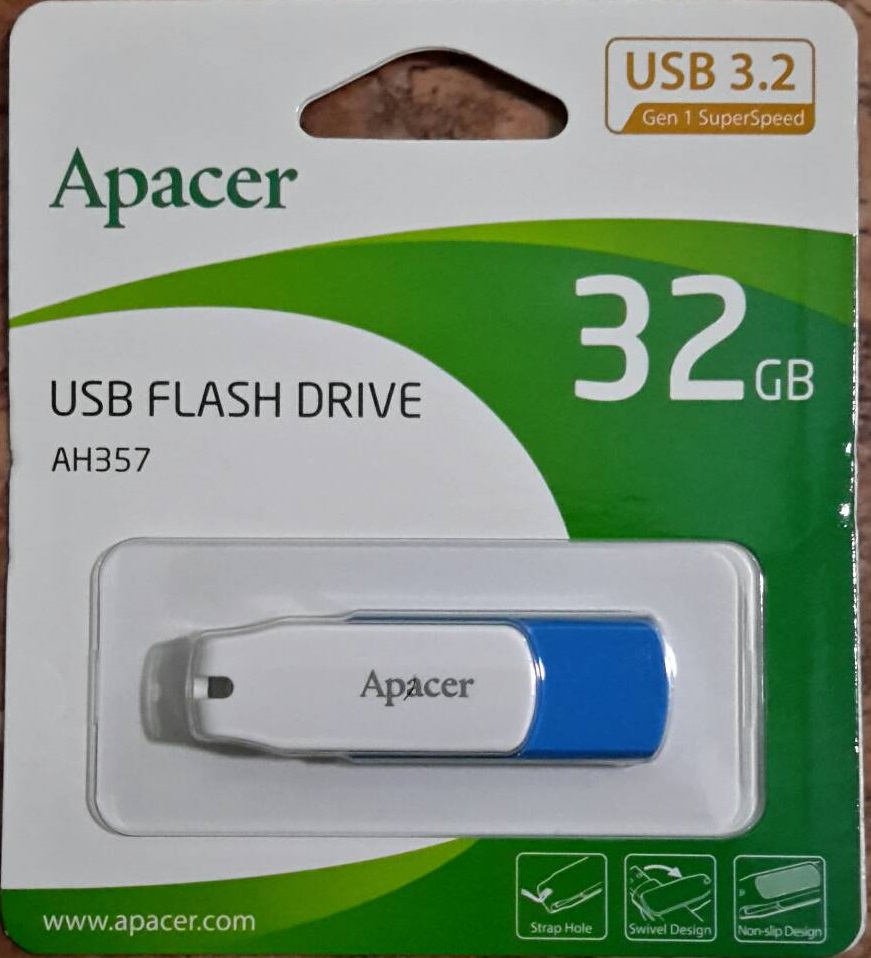 มุมมองเพิ่มเติมของสินค้า Flash Drive 32GB 'Apacer' (AH357) USB 3.2 Blue/White