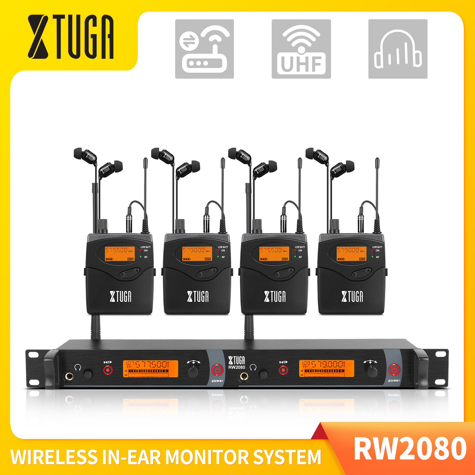 XTUGA RW2080 UHF Wireless In Ear Monitor System Whole Metal Designed SR2050 Type 2 Channel Transmitter With 4 Bodypack Receiver, Professional Used for DJ, Concert, Stage Performance Music Monitoring ราคา 8,599 บาท*ส่งฟรี