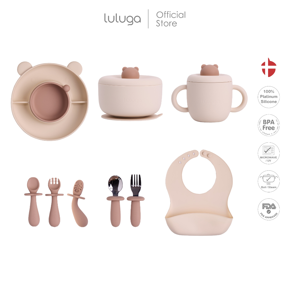 Luluga Set 6 Pieces, Model Bear, Children's Silicone Bowl, Children's Silicone Plate, Platinum Silicone Drinking Cup for Children 6 Months+, Blw ราคา 2,017 บาท*ส่งฟรี