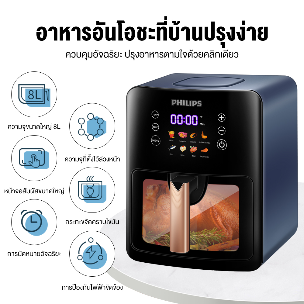 เกี่ยวกับสินค้า PHILIPS หม้อทอดไร้มัน Air Fryer หม้อทอดไฟฟ้า ใช้ในครัวเรือน มัลติฟังก์ชั่น 8.0L ความจุขนาดใหญ่ ระบบสัมผัสอัจฉริยะ  หม้ออบไร้น้ำมัน