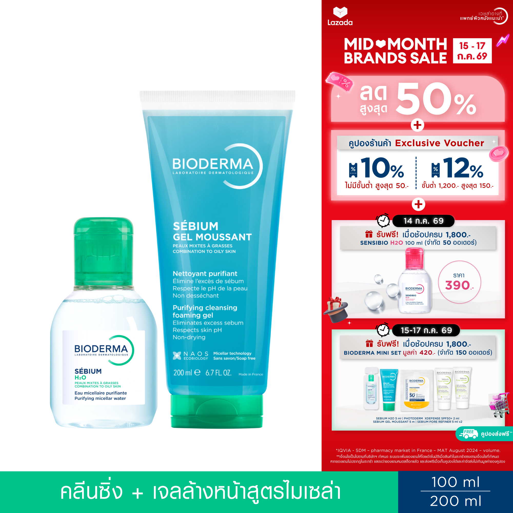 Bioderma Sebium H2O 100 ml + Sebium Gel Moussant 200 ml Cleansing and Micellar Facial Cleansing Gel for Oily, Acne-Prone Skin. ราคา 1,140 บาท*ส่งฟรี