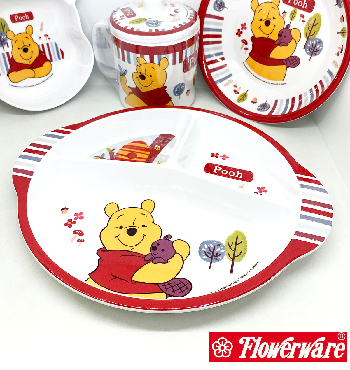 [ขายแยกชิ้น] จานข้าวเด็ก ช้อนส้อมเด็ก ถาดหลุม แก้วน้ำเมลามีน Disney POOH Woodlands หมีพูห์ ยี่ห้อฟลาวเวอร์แวร์ / 1 ชิ้น