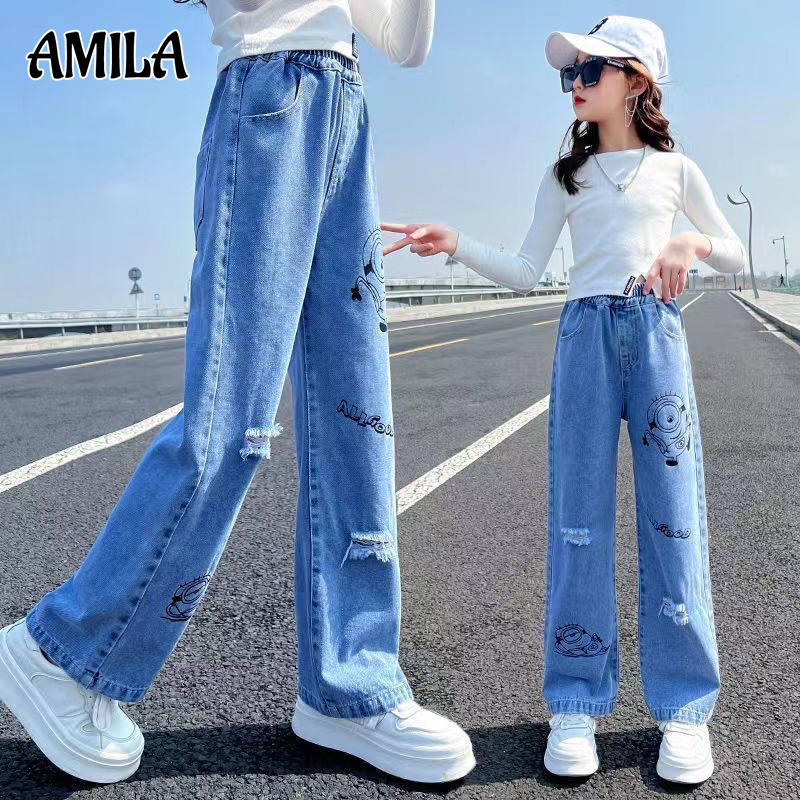 AMILA New style medium and large children's denim wide leg pants girls' loose long pants ราคา  160 บาท*ส่งฟรี