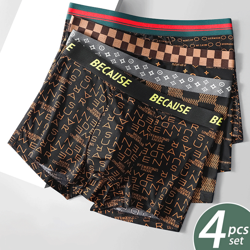 รูปสินค้า 4 Pieces of Men's Underwear, Boxer Shorts, Large Size, Breathable, Printed Pattern