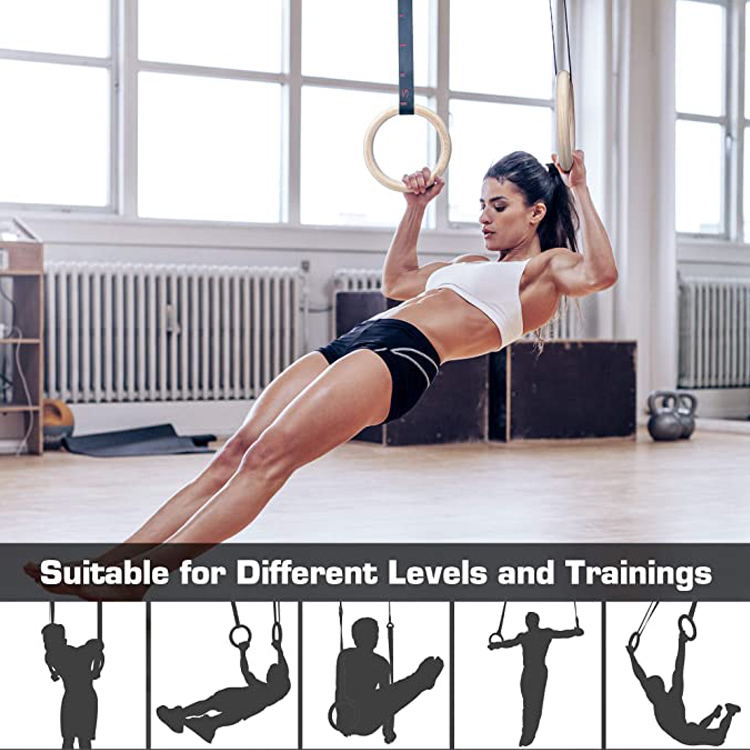 มุมมองเพิ่มเติมของสินค้า ยิมนาสติกแหวนโ Home Gym Rings Birch Wood Gymnastic Rings Exercise Strength Training Rings with Adjle Bs Straps Cross Fitness