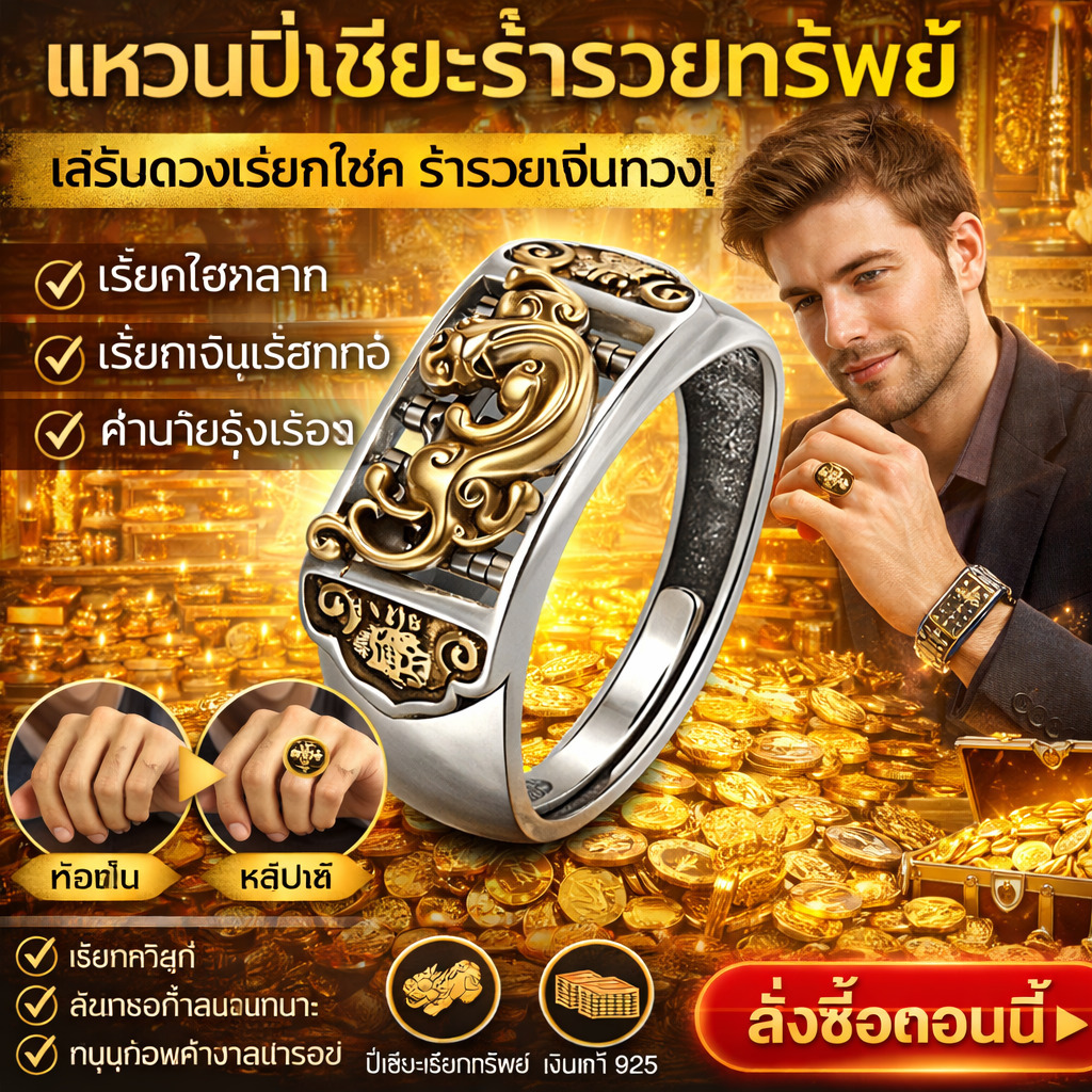 [เสริมความร่ำรวยและนำโชคลาภ]  แหวน ปี่เซียะ แบบปรับได้ แหวนลูกคิดปี่เซี่ยเงินโบราณ แหวนสไตล์มินิมอลที่ดูมีศิลปะและมีสไตล์