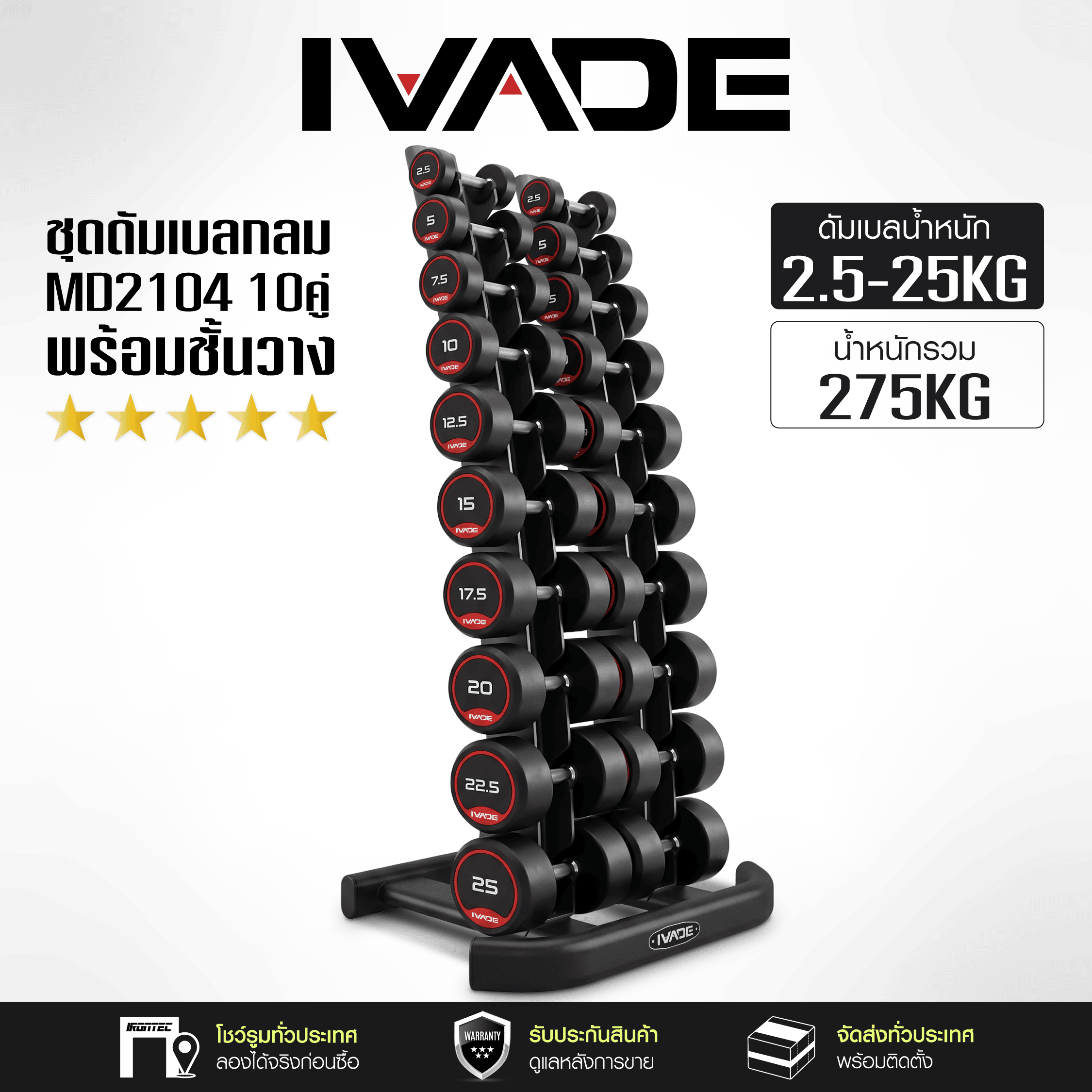 Round Dumbbell Set Md2104 with Shelves, 2.5-25kg, 10 Pairs, Total 275 kg - Exercise Equipment, Ivade Brand. ราคา 46,800 บาท*ส่งฟรี