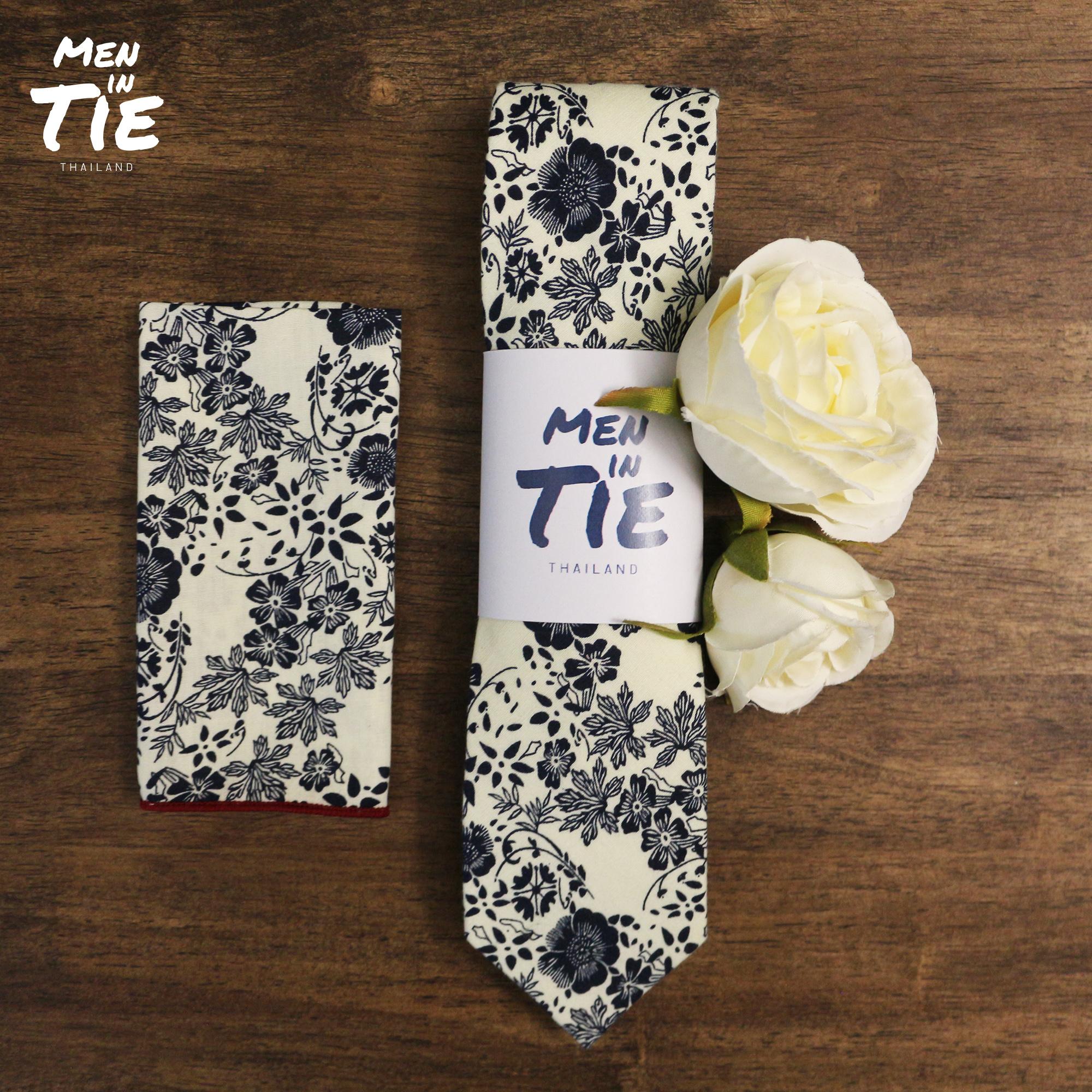 เซ็ทเนคไทคู่ ผ้าเช็ดหน้า ลาเพลพิน ลายดอกไม้ Floral tie with Pocket square and Lapel pin