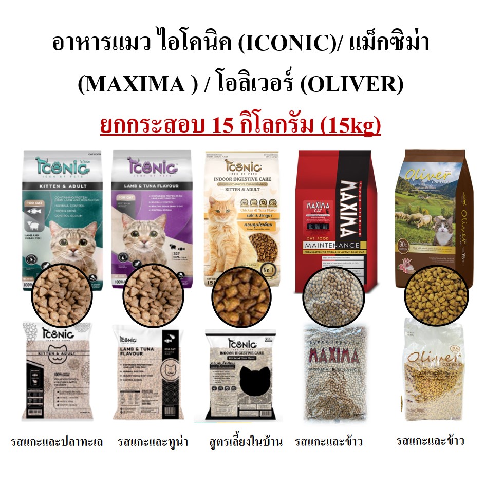[กระสอบ 15 กก.] อาหารแมว ไอโคนิค (ICONIC), อาหารแมว แม็กซิม่า (Maxima), อาหารแมว โอลิเวอร์ (OLIVER) 15 กิโลกรัม ราคา 860 บาท*ส่งฟรี
