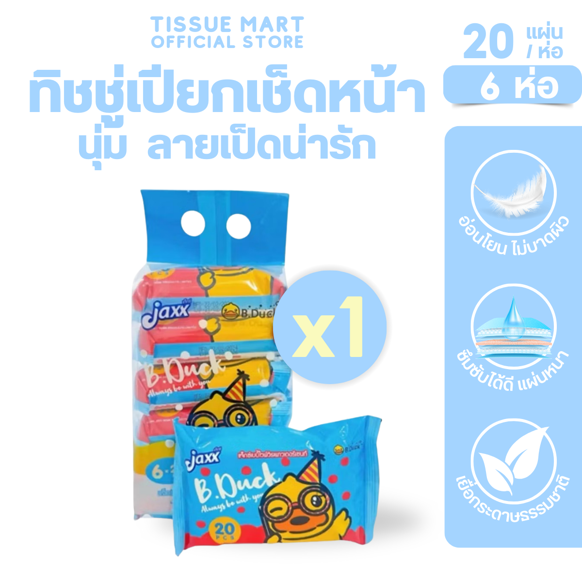 แพค Jaxx B Duck แจ็กซ์ ทิชชู่เป็ด กระดาษทิชชู่เปียกพกพา แพค 6 ห่อ บรรจุห่อ 20 แผ่น ราคา 53 บาท*ส่งฟรี