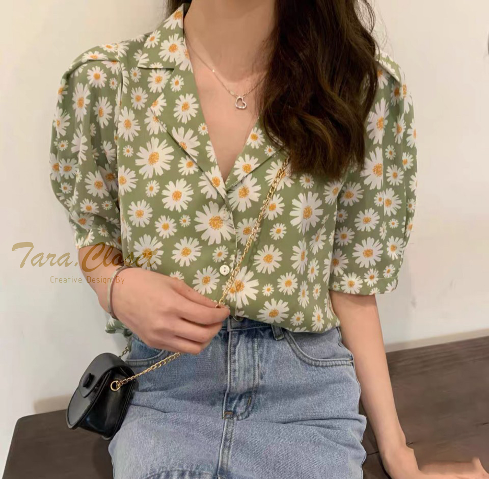 IT089 TARA Hawaii เสื้อฮาวาย ใส่เล่นน้ำ สงกรานต์ แขนสั้น แขนตุ๊กตา พิมพ์ลายดอกเดซี่ สไตล์เกาหลี ผ้าไหมอิตาลี อย่างดี ไม่หนามาก ผ้าใส่สบาย ราคา 119 บาท*ส่งฟรี