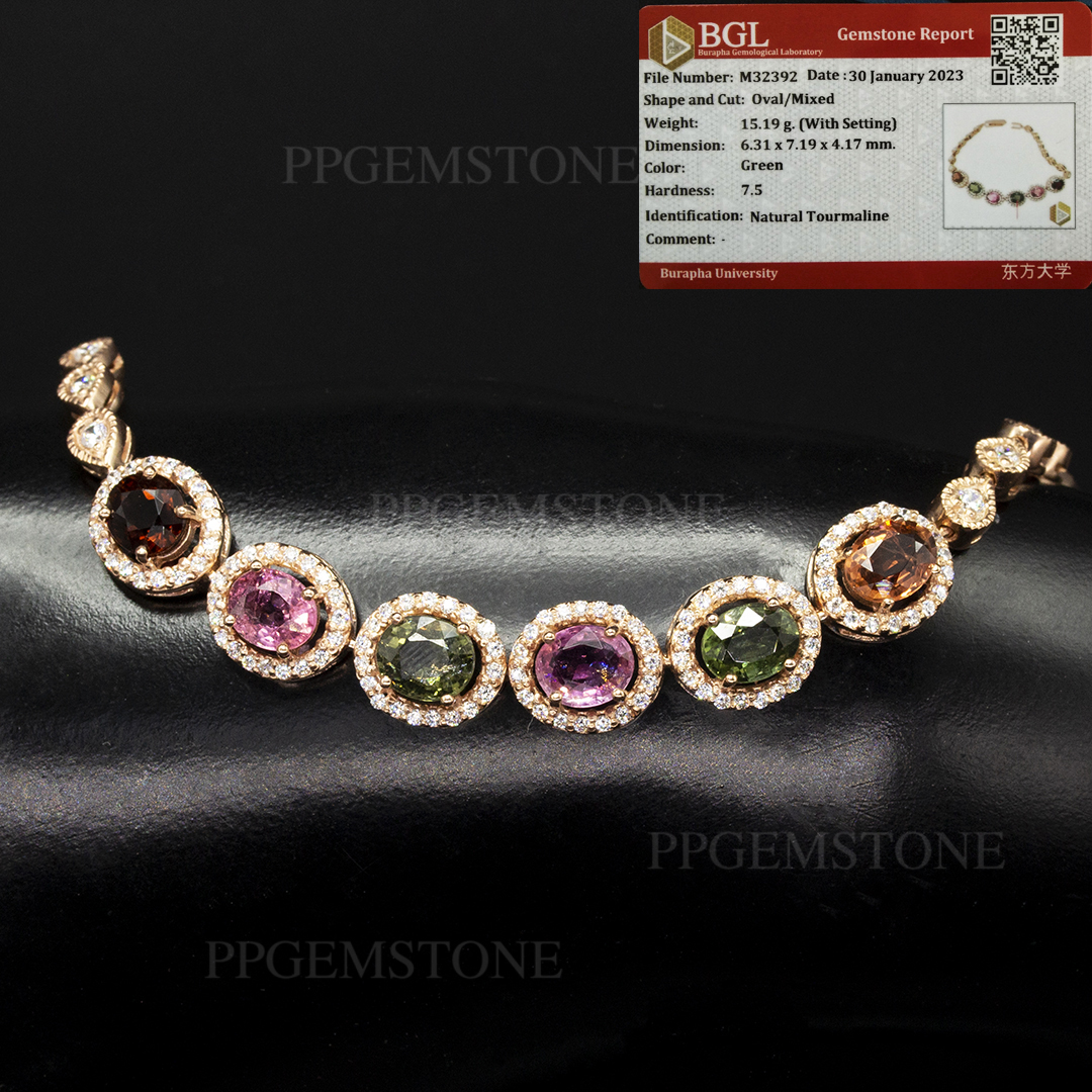 Multi-Colored Tourmaline Bracelet, Surrounded by Grade a Cz Diamonds, 92.5% Sterling Silver Plated with Platinum, Length 19 Inches, Genuine Gemstones from Nigeria. ราคา 7,000 บาท*ส่งฟรี